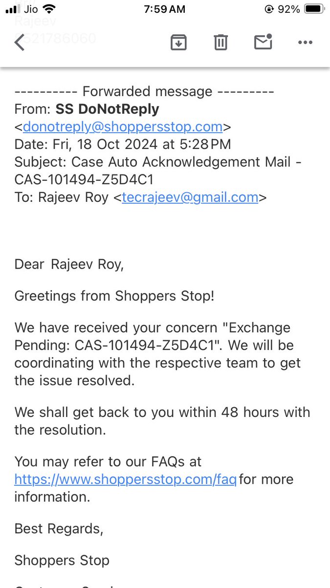 tecrajeev's tweet image. @shoppersstop @nch1915 ,My exchange is lying from 15 th oct 2024 and it is still not shipped despite many communications.
How long time require you in quality check?