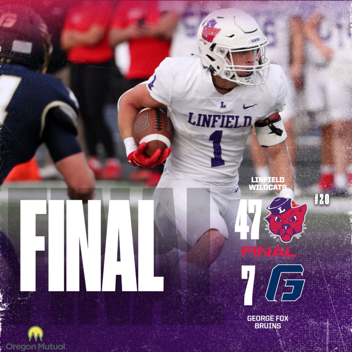 LinfieldFB's tweet image. The Linfield defense held host George Fox to 24 yards rushing in a 47-7 dismantling of the Bruins in Northwest Conference football action Saturday night at Stoffer Family Stadium.
 
Recap: tinyurl.com/2ws4a7pm

#RollCats | #FeedtheStreak | #d3fb