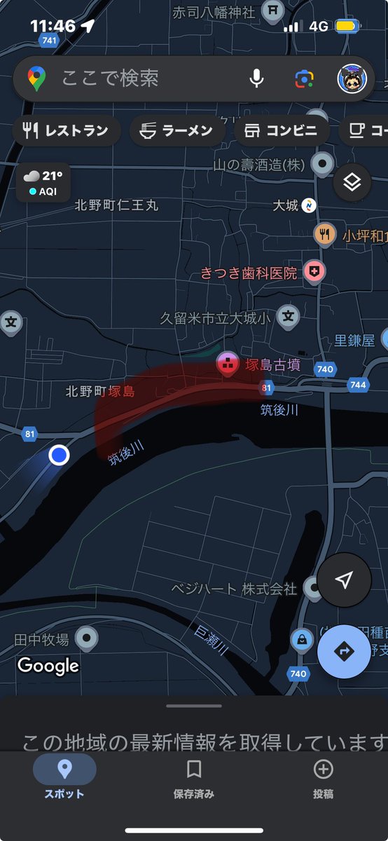 さっき、朝倉市から久留米に向かう道、河川敷の道路で黒の柴犬、確か青の首輪つけた子がトコトコ歩いてました😇
その辺で飼われてる方居ましたら確認したほうがいいかと思います！
運転中で写真は撮れませんでしたが情報共有までに