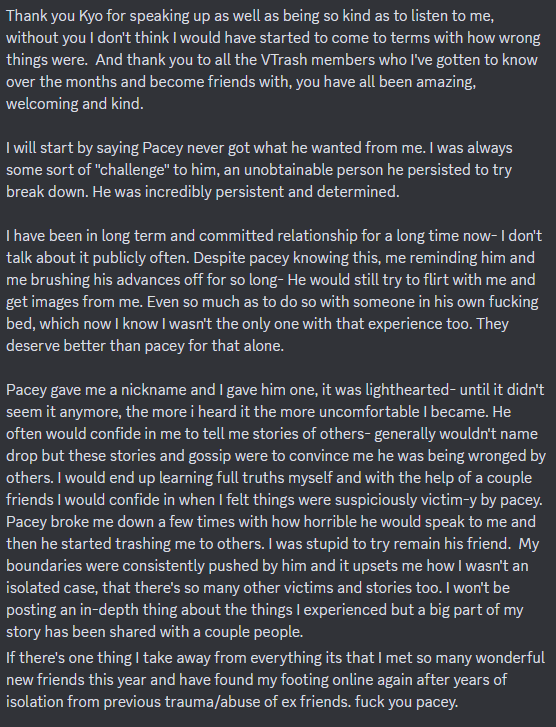 Sehunni's tweet photo. I stand with all the other victims coming forward now that light has been shed on Pacey and his behaviors.

I fell victim to his antics for months and was hurt by him multiple times.

I was only his 'friend' when it suited him. https://t.co/ckahruLshl