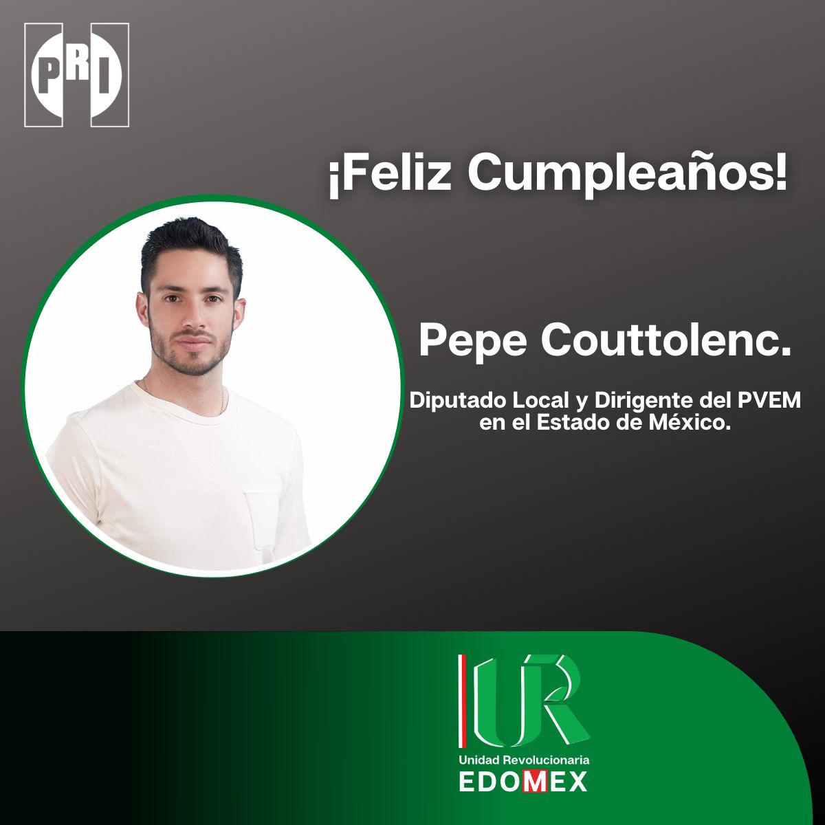 UR_Edomex's tweet photo. Felicitamos a nuestro querido amigo @pepecouttolenc, que este día sea de alegría, que la salud y los éxitos se hagan presentes a lo largo de su vida. ¡Feliz cumpleaños! 🎂🎈🎊 #SomosUR ⚫️🟢🔴 https://t.co/wU1LbQkRfM