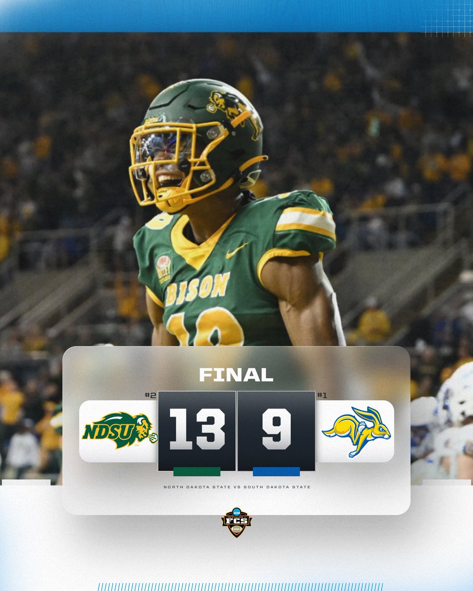 NCAA FCS Football (@ncaa_fcs) on Twitter photo The Bison reign supreme 🦬
No. 2 <a href="/NDSUfootball/">NDSU Football</a> defeats No. 1 South Dakota State, 13-9.
#FCS The Bison reign supreme 🦬
No. 2 <a href="/NDSUfootball/">NDSU Football</a> defeats No. 1 South Dakota State, 13-9.
#FCS