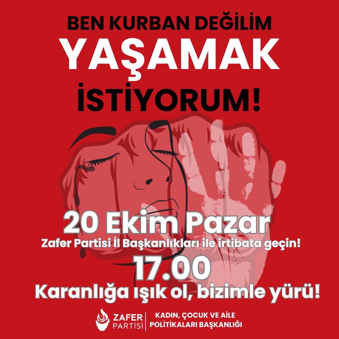 Ümit Özdağ (@umitozdag) on Twitter photo Kadınlar katlediliyor, çocuklar istismara uğruyor, yenidoğan bebekler öldürülüyor! Bu karanlığa karşı 20 Ekim Pazar 17.00’da tüm Türkiye’de sokağa çıkıyoruz, Zafer Partisi İl Başkanlıklarının belirlediği meydanlarda buluşuyoruz! Karanlığa ışık ol, bizimle yürü! <a href="/zaferpartisi/">Zafer Partisi</a> Kadınlar katlediliyor, çocuklar istismara uğruyor, yenidoğan bebekler öldürülüyor! Bu karanlığa karşı 20 Ekim Pazar 17.00’da tüm Türkiye’de sokağa çıkıyoruz, Zafer Partisi İl Başkanlıklarının belirlediği meydanlarda buluşuyoruz! Karanlığa ışık ol, bizimle yürü! <a href="/zaferpartisi/">Zafer Partisi</a>