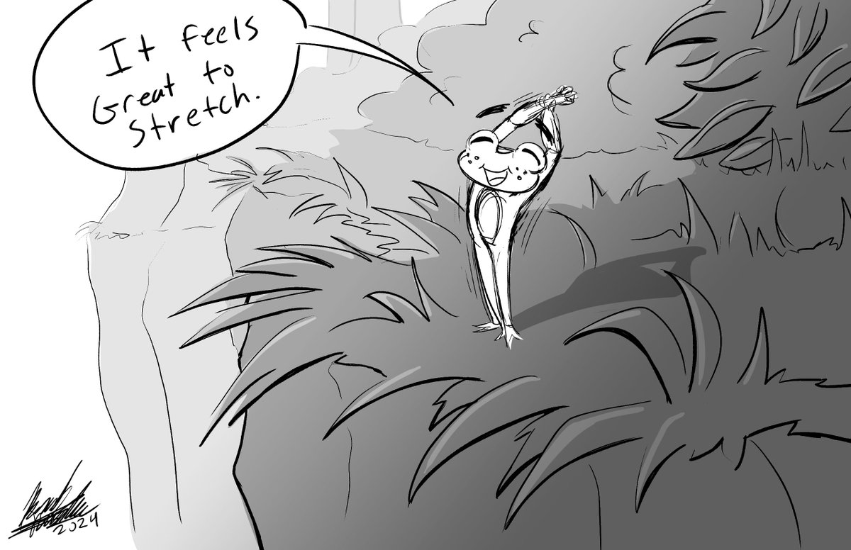 silverwaterbird's tweet photo. Inktober day 19 Ridge. Friggy goes out to the edge of the forest to stretch in the warm sunlight.

#inktober2024 #kintober #Inktober2024ridge #day19 #frog #Ridge #stretching https://t.co/veS8IgKiKA