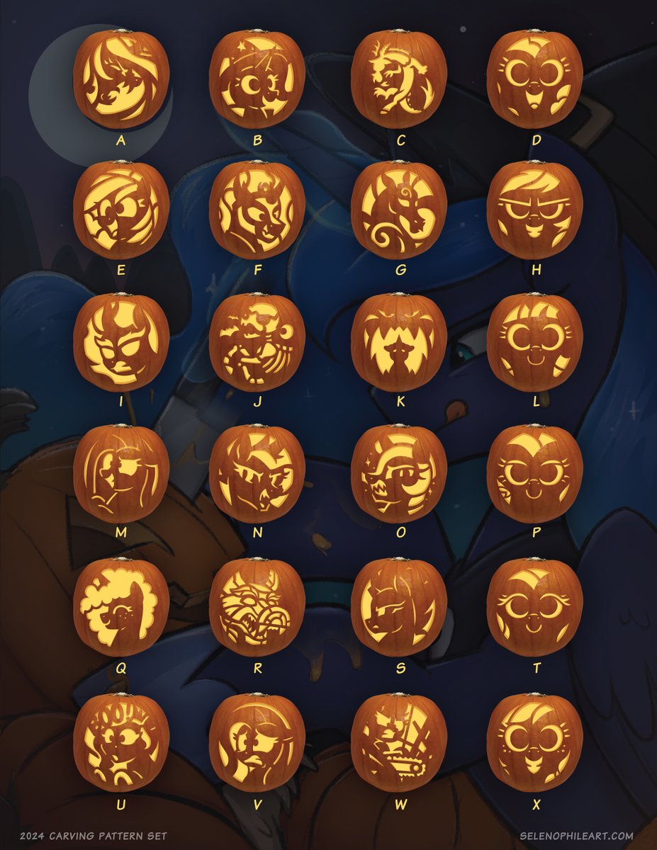 Just in time for Nightmare Night, a 2024 Edition of the pumpkin carving design set! 

This book of 24 unique and original pony-themed pumpkin-carving designs is now available! (link below!) 

I made the designs even more approachable and fun this year, I think!🎃👻🌙