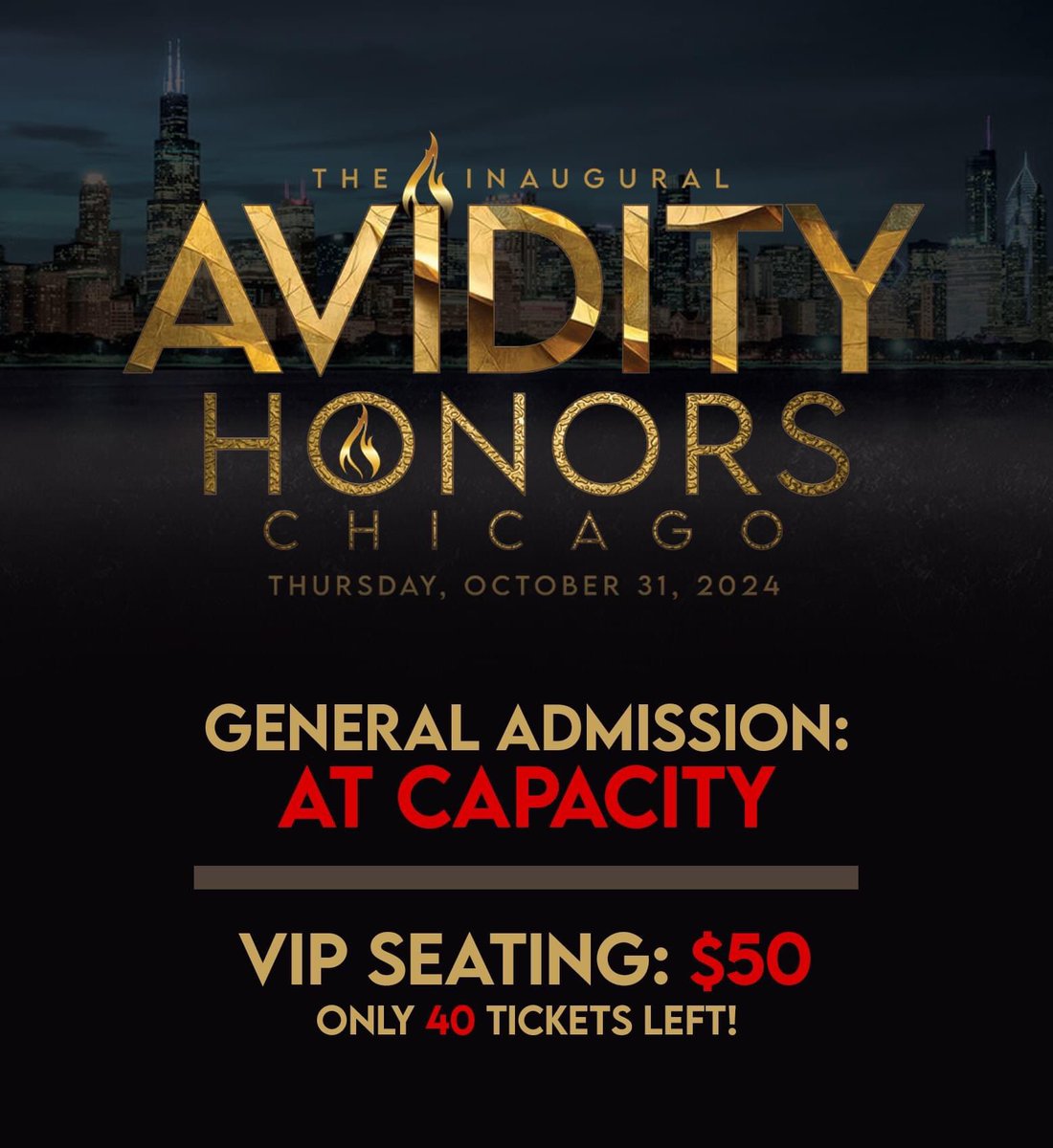 1DerrickHuggins's tweet photo. We are SO EXCITED that General Admission tickets are AT CAPACITY for the Inaugural Avidity Honors! THANK YOU CHICAGO! 

We only have 40 VIP Tickets left, so get yours NOW! Visit https://t.co/g99we8HFh0 and join us during @AvidityAwards Weekend! 🔥🔥🙌🏾🤎 https://t.co/tbGGVG7NPV