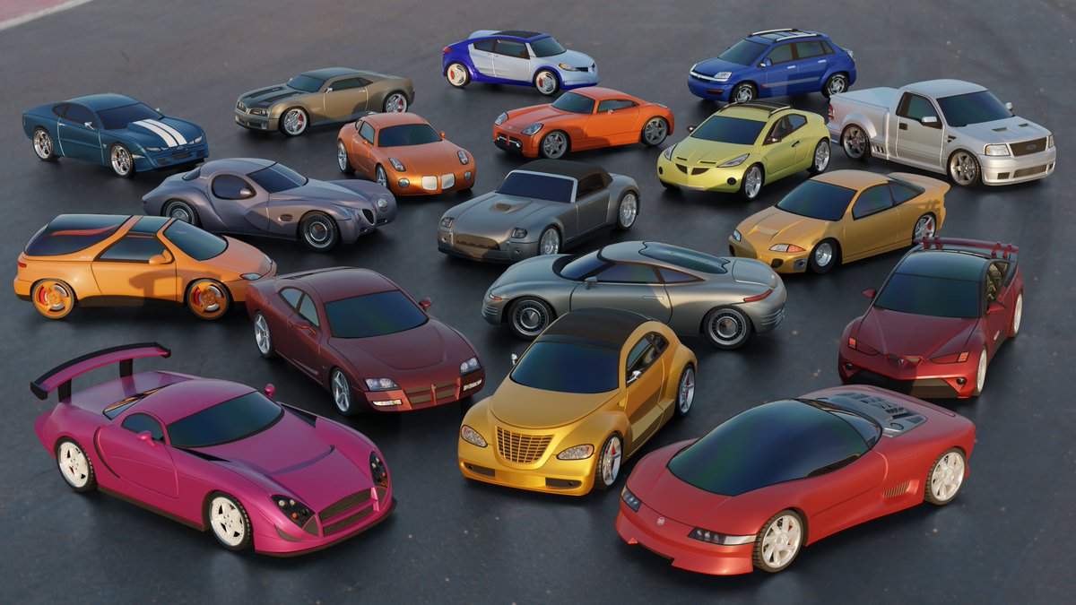 PrintedLeander's tweet photo. Here it is! All 18 cars as part of the 2024 Concept Car Preservation Project. I'll render out some more scenes with all of these cars later https://t.co/SwodoXU1LK