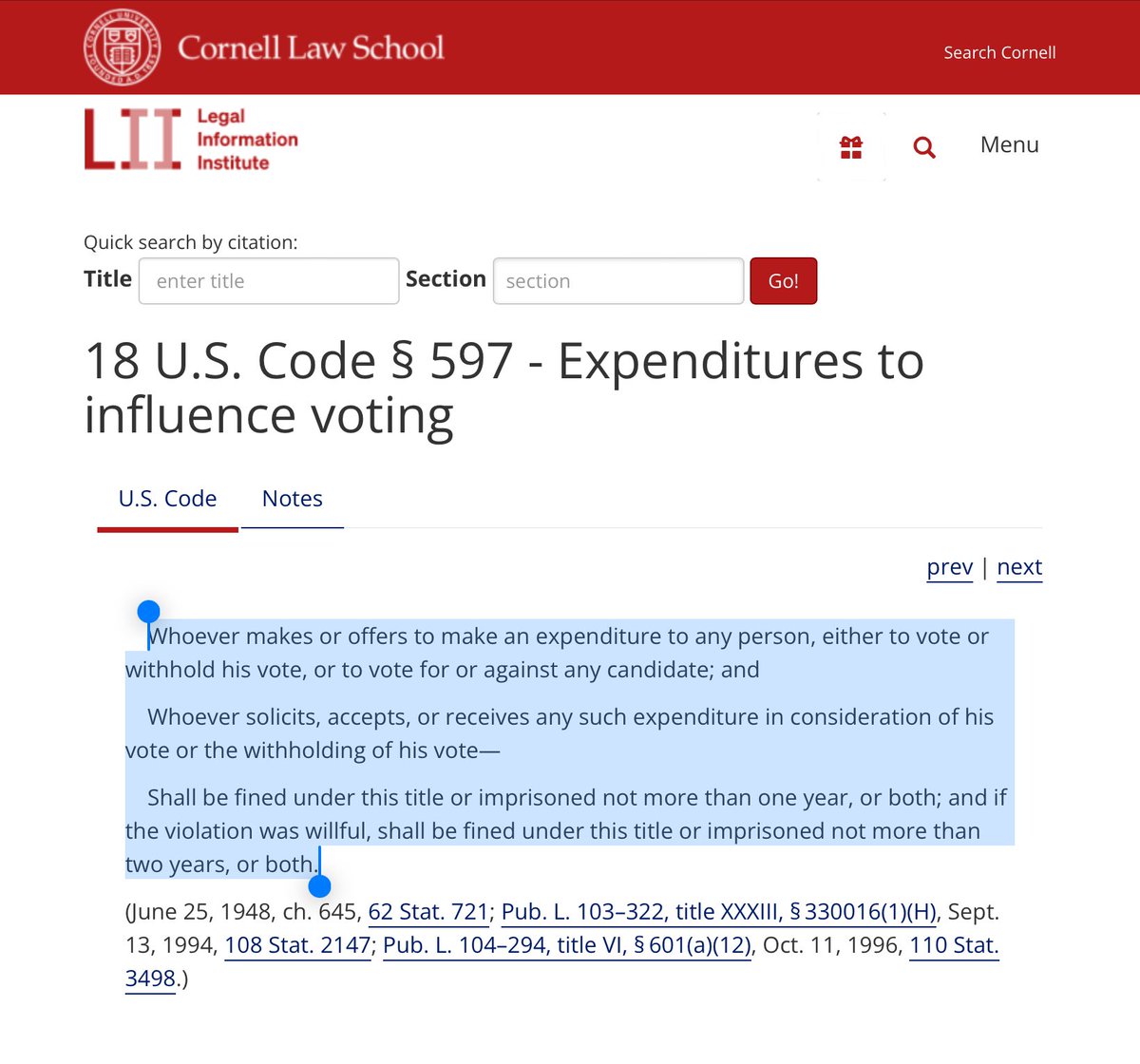 Come on, Merrick Garland

Enforce the law

Without fear or favor

“Whoever makes or offers to make an expenditure to any person..to vote for or against any candidate…Shall be fined under this title or imprisoned not more than one year, or both”

18 USC § 597
