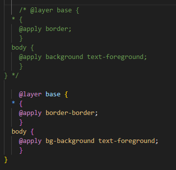 bonnggo's tweet photo. @shadcn Incredible work, as always! I just want to point out a potential bug in the CLI: Anytime I run "pnpm dlx shadcn@latest add [component]", the installation process updates my global.css with a modified, and uncommented duplicate of any currently existing commented out @ rules⬇️⬇️⬇️ https://t.co/IBErtPp1TW