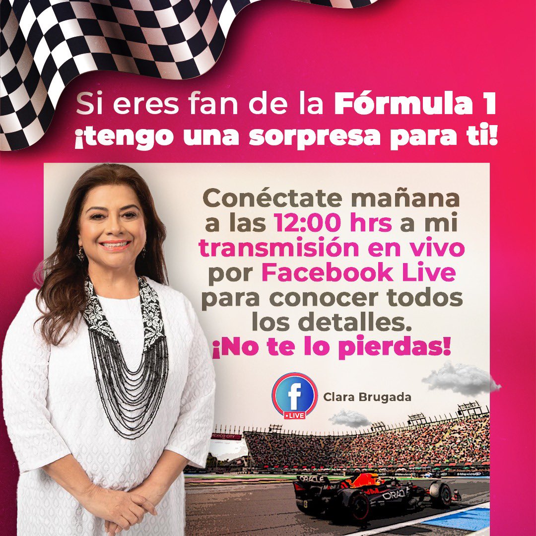 ClaraBrugadaM's tweet photo. Si eres fan de la Fórmula 1, ¡tengo una sorpresa para ti!
Sígueme mañana en la transmisión en vivo que haré a las 12:00 horas en mi Facebook para conocer todos los detalles.

¡No te pierdas esta gran oportunidad! https://t.co/Kav9AcOc8m