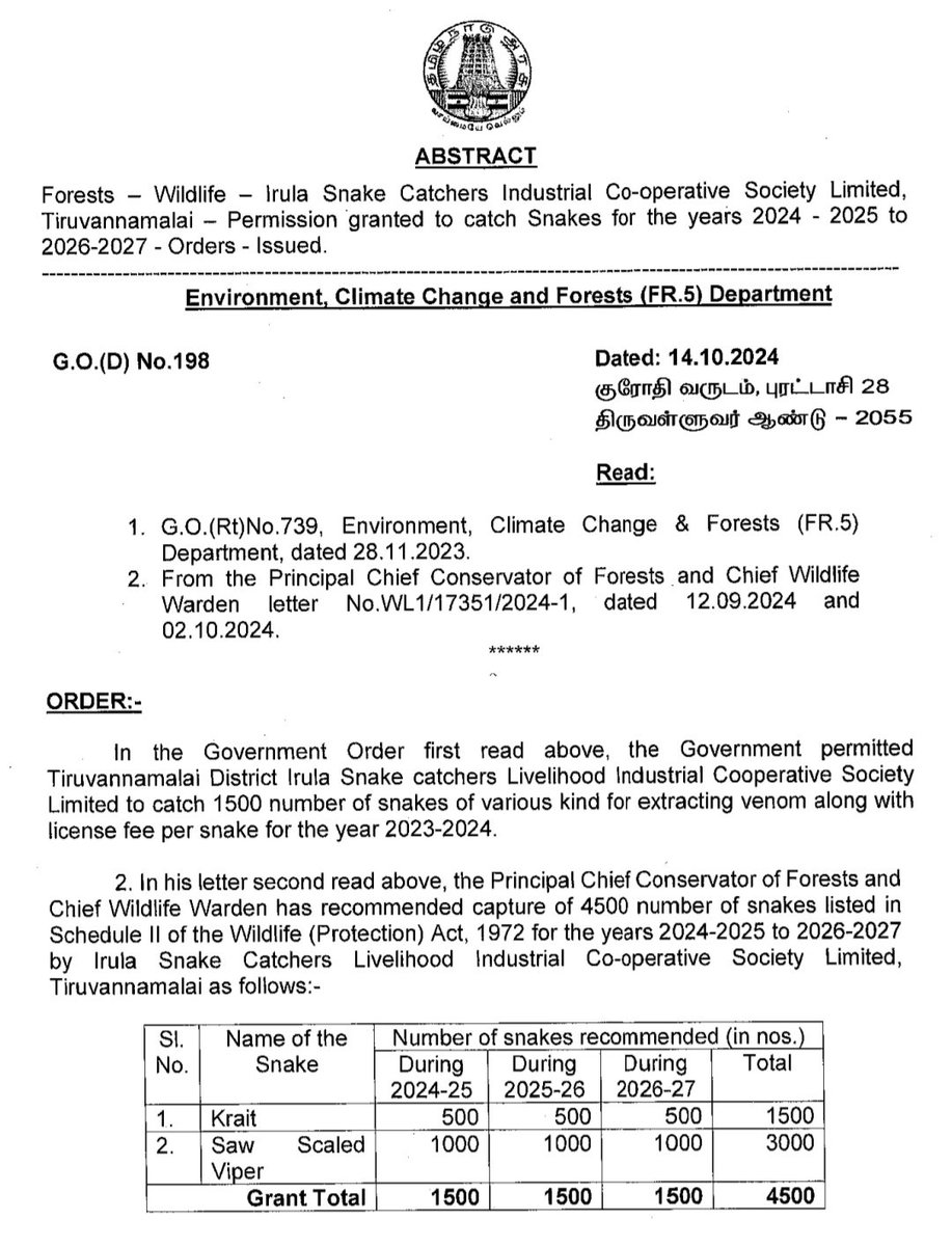 MRK_POLLACHI's tweet photo. Forests – Wildlife – Irula Snake Catchers Industrial Co-operative Society Limited, #Tiruvannamalai – Permission granted to catch Snakes for the years 2024 - 2025 to 2026-2027 - Orders - Issued
#TamilNadu #Forests #Wildlife #Snake #Snakecatchers #Krait #sawscaledviper https://t.co/2otMOrdkjJ