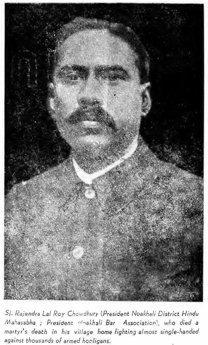 monidipadey's tweet photo. || Know your heroes || 
Story of immense bravery and Hindu resistance during the N0akhal! Ri0ts - Rajendra Lal RoyChowdhury. 

“The severed head of Rajendra Lal RoyChowdhury was gifted to Gulam Sarowar on a plate. At Gulam’s order his two trusted lieutenants took the two beautiful daughters of Mr. RoyChowdhury as the booty.”

(Binoy Bhusan Ghosh, in his book “ দ্বিজাতিতত্ত্ব ওবাঙালী” / Two Nation Theory and Bengalis). 

On 11th October, 1946, the private army of Gholam Sarwar, known as the Miyar Fauj, attacked the residence of Rajendralal Roychowdhury. At that time Swami Tryambakananda of Bharat Sevashram Sangha was in the house as a guest. While Roychowdhury fought the My$lim mob from his terrace with his rifle, Swami Ji stood at the main door with a sword and fended off the Mu$lims. At night when the mob went back, Roychowdhury sent Swamiji and his family members to safety. 

However, Roychowdhury remained behind, as he as a leader of the local Hindus and didn’t want to leave them behind stranded alone. So he stayed back to fight. The next day Gholam Sarwar sent a larger mob. Rajendralal Roychowdhury fought bravely until his ammunitions ended, after which he was k!ll€d, and his s€vered head was presented to Golam Sarwar on a platter. 

Roychowdhury’s two unmarried daughters, Basanti and Reba, were taken away and given to two of Sarwar's trusted generals to be r-AP€d and kept as s€x slaves. The house was set on fire, and the b0dies of the Roychowdhury family members were thrown into a swamp to rot and be eaten by animals.

On 11th January 1947, the remains of the Roychowdhurys were taken out from the swamp , and cremated as per Hindu rites.
Later Hindus built a hospital in N0akhal! district in memory of Roy Chowdhary. 

According to Sucheta Kriplani, Rajendralal Roychowdhury had pledged to follow the footsteps of Guru Gobind Singh and Shivaji to defend Hinduism and family honour with his last breath.