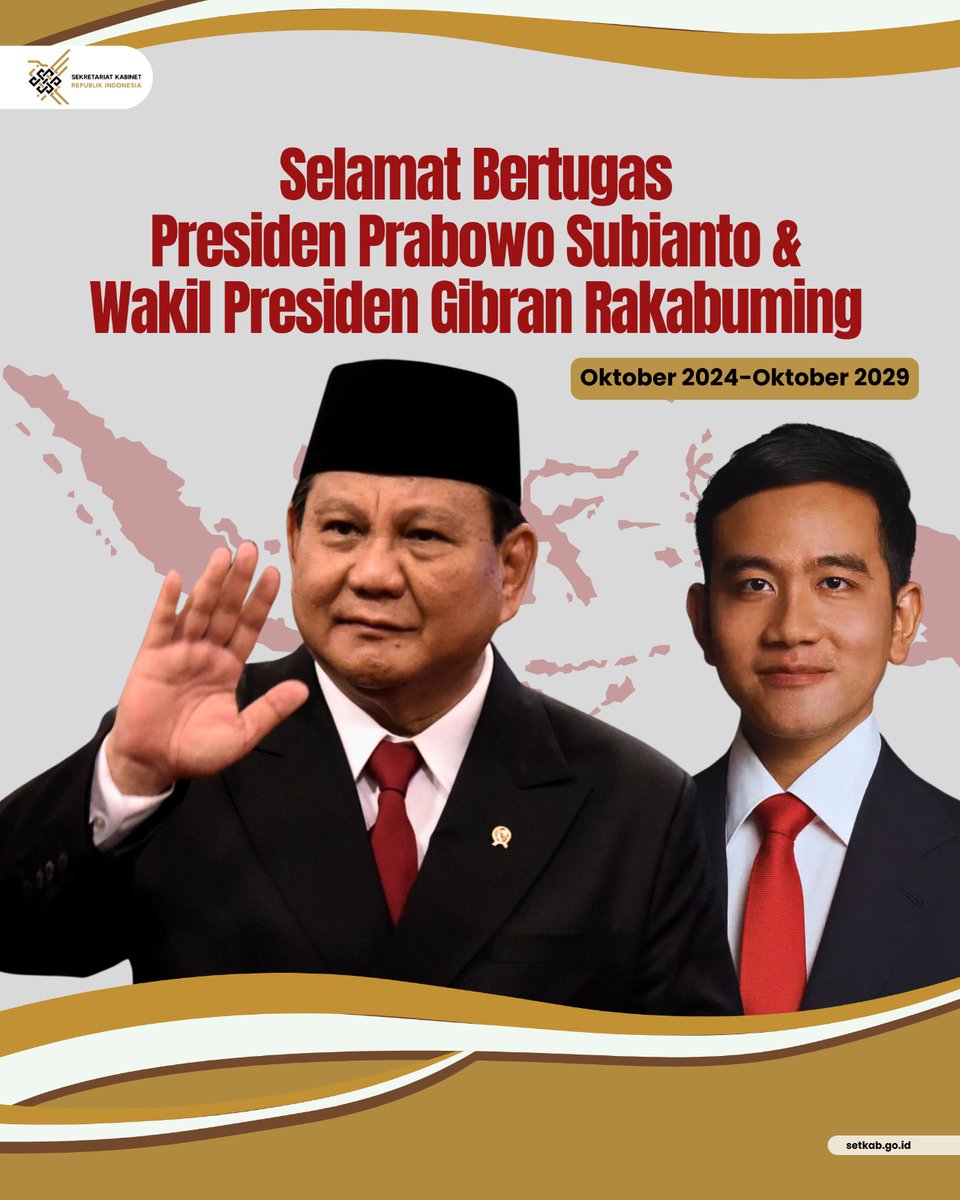 setkabgoid's tweet photo. Selamat bertugas Presiden Prabowo Subianto @prabowo dan Wakil Presiden Gibran Rakabuming. Semoga amanah dalam memimpin bangsa menuju kemajuan dan kesejahteraan bersama.

#GrafiKabinet https://t.co/Q0bId8d7Db