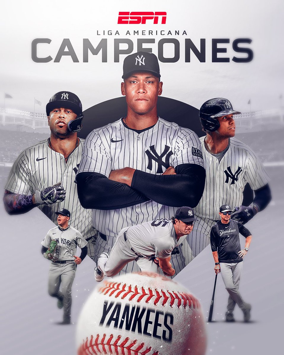 ESPNmx's tweet photo. ⭐️ CAMPEONES DE LA LIGA AMERICANA ⭐️

Los Yankees se quedan con el banderín en el joven circuito tras vencer a Guardians en 5 juegos. 

🔥 LOS NEW YORK YANKEES REGRESAN A LA SERIE MUNDIAL 😮

#MLBxESPN ⚾️ https://t.co/3OUI8xumSb