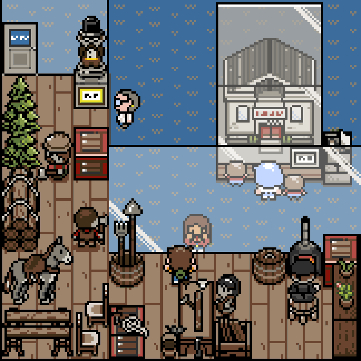 LoamBrownGames's tweet photo. Hey everybody! Here's a peak at the Museum in "A Town with No Name" I have no idea how, but Jack somehow got into the exhibit and now he's acting like a fool. Fun fact: This museum is based off the museum my small town I live in! Happy Saturday!   #Indiedev #CozyGames #PixelArt #PuzzleGame