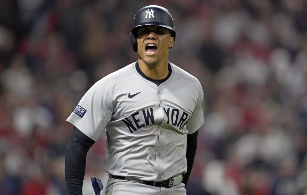 nypost's tweet photo. Spread the news! Juan Soto sends Yankees to World Series with all-time classic homer https://t.co/raE9e1q5QO https://t.co/tiFbGwbx3D