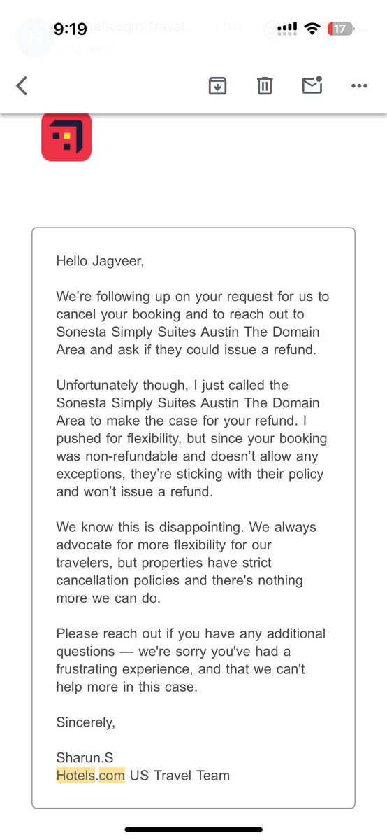 jagsrajput21's tweet photo. @hotelscomhelp @hotelscom Never booking with @hotelsdotcom again! Had to pay twice for a 7-day stay. Missed the first 2 days, and they canceled my whole booking. Hotel processed a refund, but @hotelscom still hasn’t refunded me. #BadService #DoubleCharged #hotels.com https://t.co/Q8P1Ud83Dv