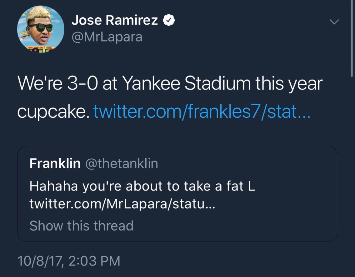 PlayoffTanaka_'s tweet photo. Since Jose Ramirez tweeted this Cleveland is 3-12 against the Yankees in the playoffs and have been eliminated 4 times by them https://t.co/4GuRnYoaEe