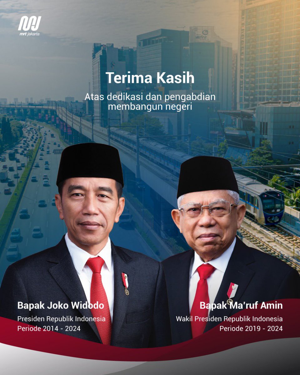 mrtjakarta's tweet photo. Terima kasih atas dedikasi dan pengabdian Bapak Joko Widodo dan Bapak Ma'ruf Amin untuk Indonesia terutama dukungan kepada MRT Jakarta. Rekam jejak serta kontribusi bapak tak akan terhapus selamanya.

#MRTJakarta 
#UbahJakarta https://t.co/fnLwpfa161