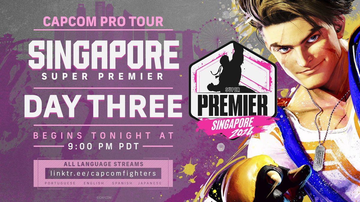 StreetFighter's tweet photo. It's time to crown the #CPT2024 Super Premier Singapore Champion! There will also be not one, but TWO qualifying players for #CAPCOMCUP11! Tune in to see who they'll be! 👑 
 
🟣: https://t.co/Go1l4amv9f
📺: https://t.co/YijcLxg3TO https://t.co/yHMSA1PaGC