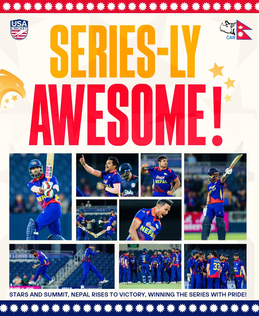 CricketNep's tweet photo. 🌟 Stars and Summit: Where champions rise and #Rhinos soar to the top! 🏔️

Nepal wins the series by 2-0! 

#NepalCricket | #NEPvsUSA https://t.co/BuEhgCf4N7