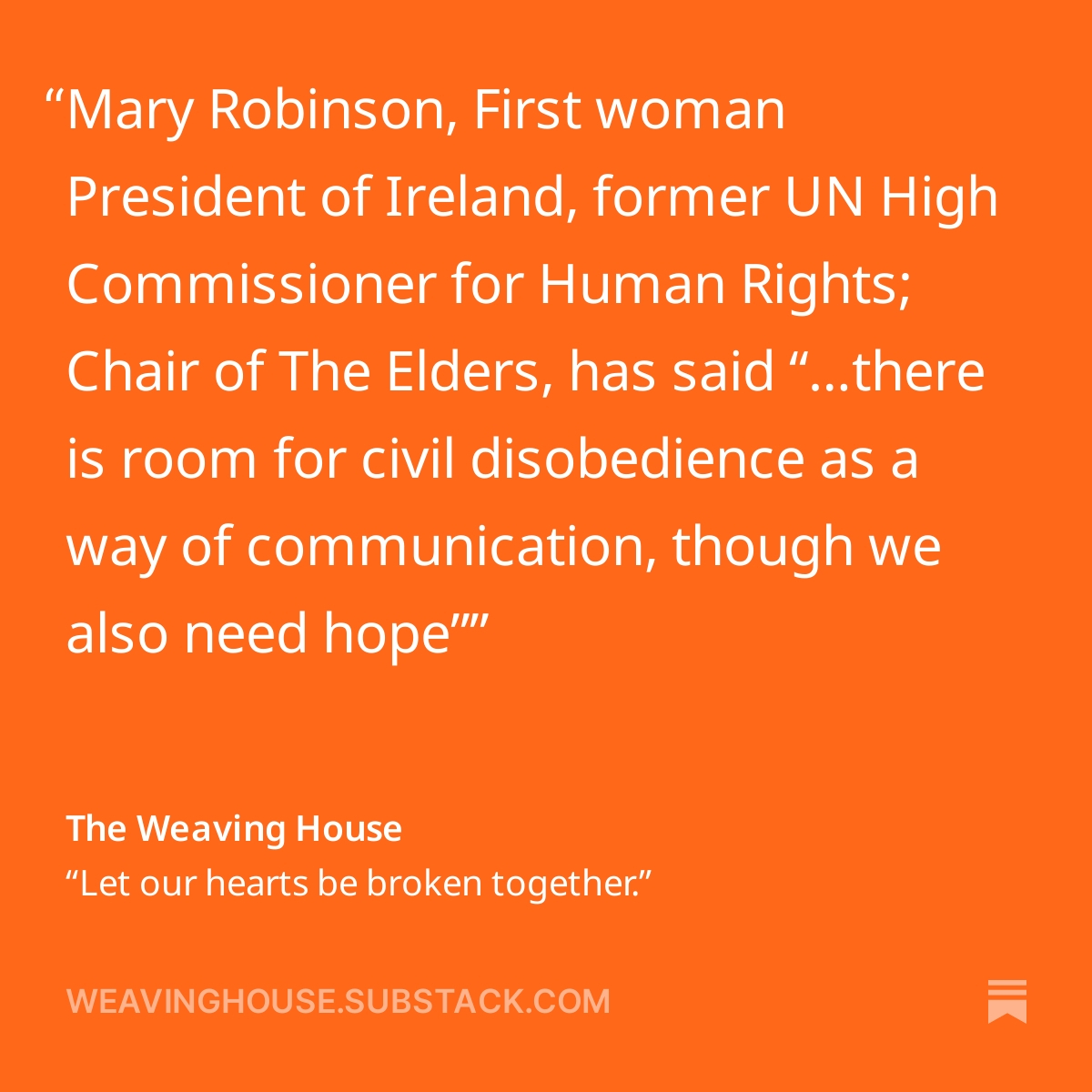 WeavingHouse's tweet photo. Mary Robinson was addressing climate activism here & also noted climate denial is “malign and evil”.
So is genocide.
Here: https://t.co/20ogkhuQB2
#EndImpunity #WhenWordsFail https://t.co/GYFlBt7WjA