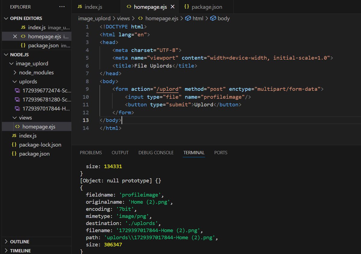 AnmolGupta90217's tweet photo. day 11 of #100dayoflearning
✅ create a simple uploading file mini project in NodeJS
✅ using Multer package in it https://t.co/qVLOJNXchs
