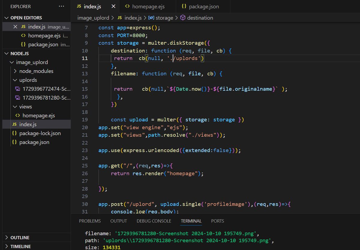 AnmolGupta90217's tweet photo. day 11 of #100dayoflearning
✅ create a simple uploading file mini project in NodeJS
✅ using Multer package in it https://t.co/qVLOJNXchs