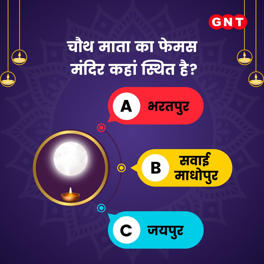 GoodNewsToday's tweet photo. क्या आपको इसका पता है चौथ माता का प्रसिद्ध मंदिर कहां स्थित है?
सही जवाब के लिए आज रात 10 बजे का इंतज़ार करें
#KarwaChauth #ChauthMata #QuizTime #Temple #Quiz #Hindi #Religion #Culture #Festival https://t.co/7nHxaaIfYd