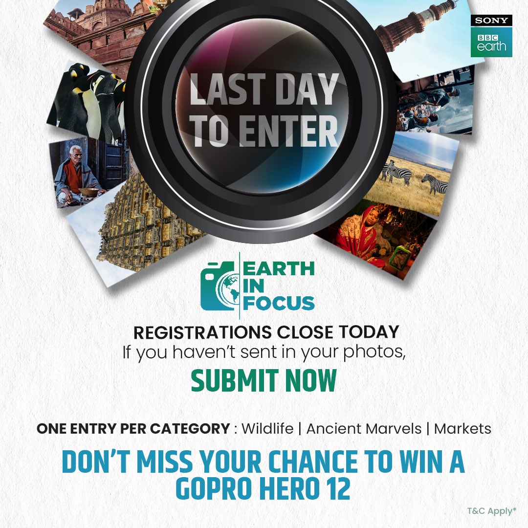 SonyBBCEarth's tweet photo. This is your last call, shutterbugs! Your final chance to register for the #EarthInFocus photography contest is today.
Submit your best photos to Earth In Focus while there’s still time, and stand a chance to:
Win a GoPro Hero 12
Get featured on Sony BBC Earth channel
An exclusive Photography Masterclass with #ShivangMehta 

REGISTER NOW - https://t.co/JPEr6PvJFt

#SonyBBCEarth #SBBCE #FeelAlive
