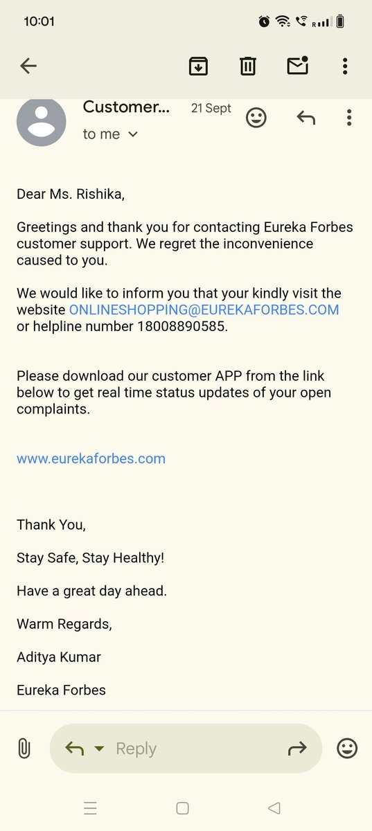 rishu87sengupta's tweet photo. @EurekaForbes @pratikpota @Eureka_ForbesIN That I have contacted on September 21st itself and till today no help. So kindly check with your team what's going on you can't sell an item and then make customers go round and round. Attaching the reply from your team as an evidence @jagograhakjago @nch1915 @jagograhakjago https://t.co/INAybo28xw