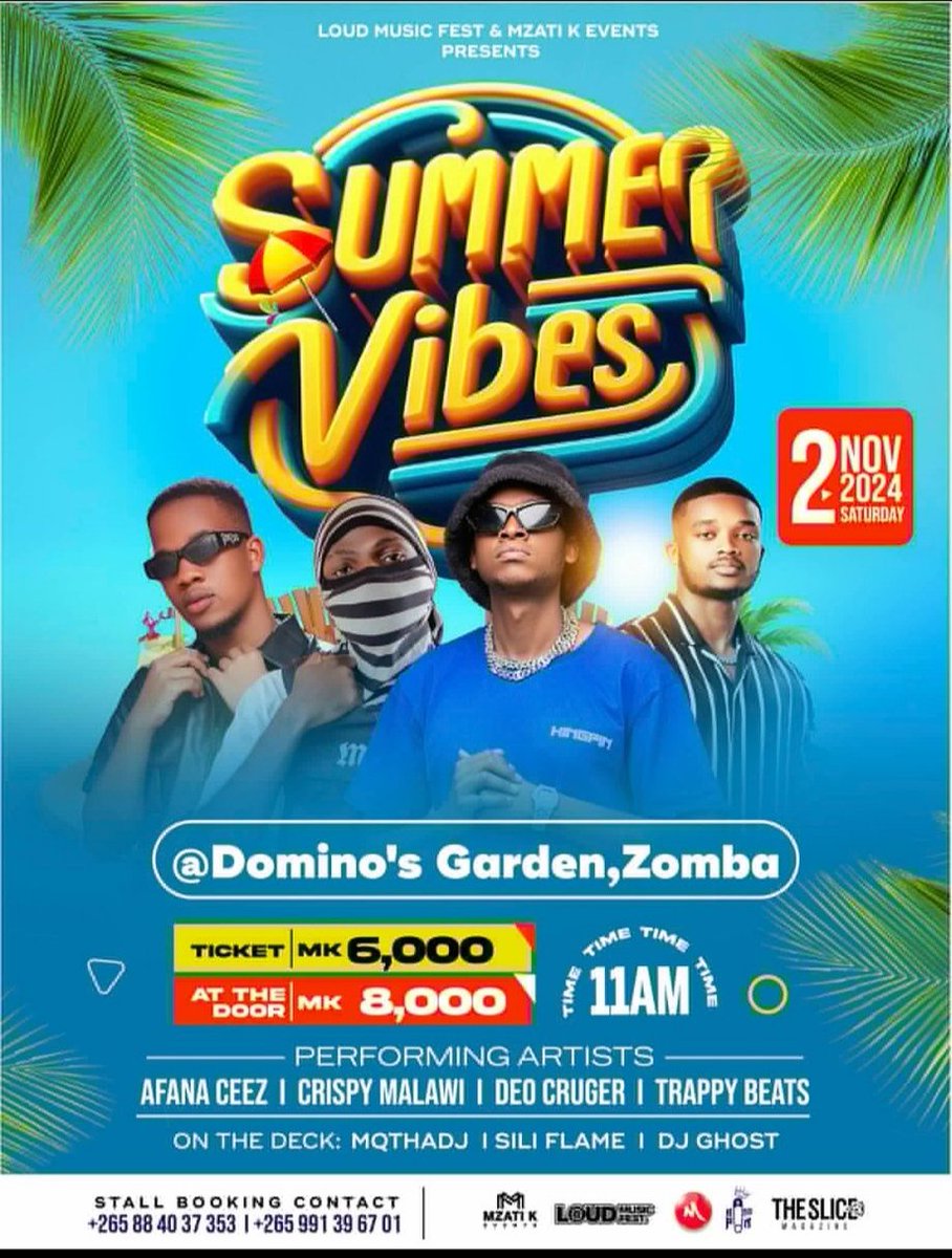 PlugKaunjika1's tweet photo. ZOMBA GET READY FOR SUMMER VIBES ๐ฅ๐ฅ
DATE: 2 November 2024
VENUE : Domino's Garden๐๐
TICKET PRICE: K6000
AT THE DOOR: k8000
Contact +265 884 03 73 53 for Ticket
Performing artists ๐๐พ
@trappybeats265
@Afana_Ceez
#Abale
@DeoCruger
@Crispy_malawi
#LoudMusicFest
#MzatKEvents https://t.co/lBOgfBtilU