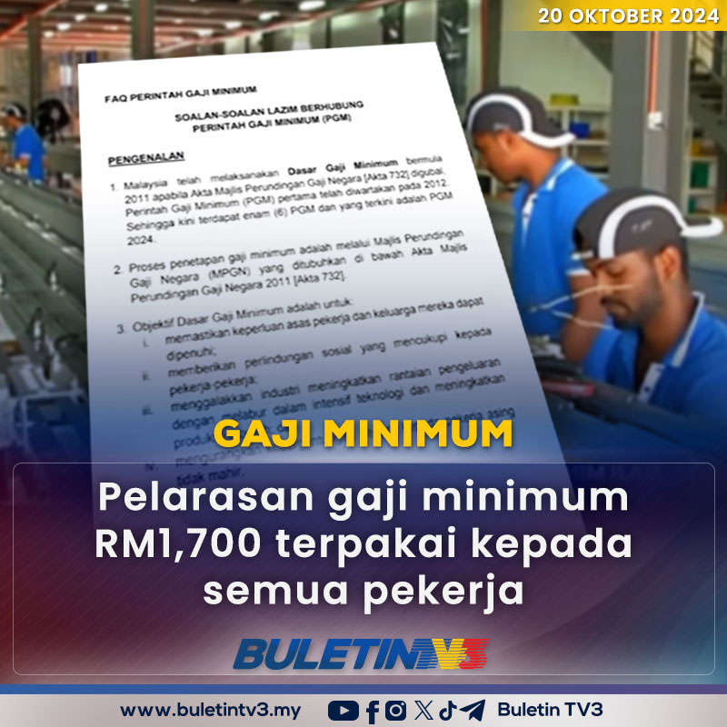GAJI MINIMUM RM 1,700 | Perintah gaji minimum RM1,700 terpakai kepada semua pekerja termasuk bukan warganegara di sektor swasta, kecuali perkhidmatan domestik dan kontrak perantisan.

#BuletinTV3 #Gajiminimum #Pekerjaasing