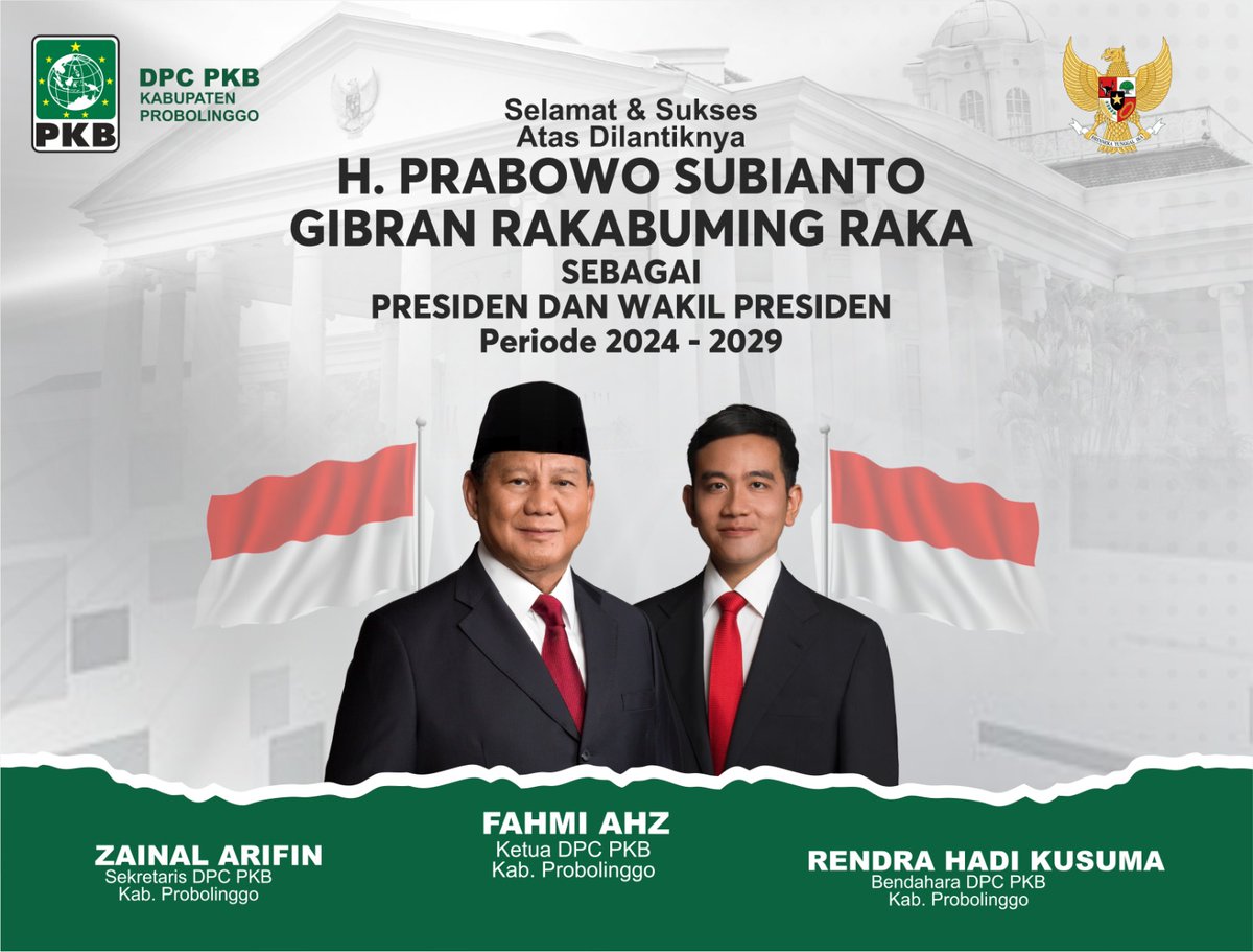 PkbProbolinggo's tweet image. Selamat dan Sukses Bapak @prabowo dan Bapak @gibran_tweet. 

@DPP_PKB @dpwpkbjatim_ 

#PrabowoGibran #PrabowoGibran2024 #PelantikanPrabowoGibran #PelantikanPresiden
