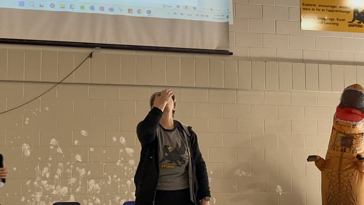 Our CSCC challenged our Griffon family to bring in their change in their change-bottle fundraiser, and did our students deliver!! 90 pies thrown at M Lizee, Mme Gold &amp; Astrope, Mme Lena sang a Disney song, Mme Newman told jokes dressed like a dinosaur &amp; Mme Fischer ate a bug!