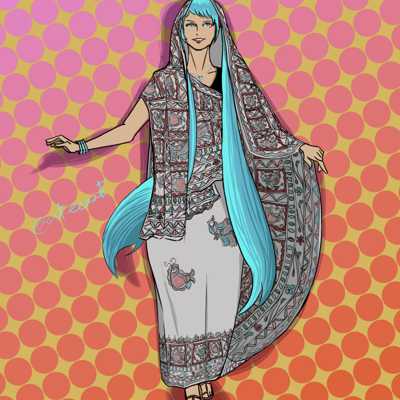 arteeaast's tweet photo. Maithili Miku/𑒧𑒻𑒟𑒱𑒪𑒲 𑒧𑒱𑒏𑒳

She is wearing a sari draped in the Madhubani style and the print on her saree is a Mithila painting.
Drawing a series of as many South Asian Mikus as I can! Is there a South Asian Miku you would like to see? Feel free to request!
#HatsuneMiku https://t.co/Jqz9Eo8V9T