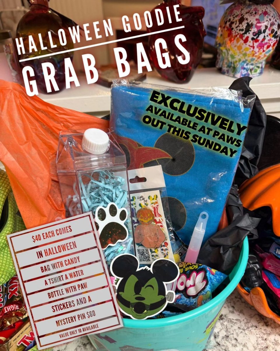 🎃🐾 Halloween Goodie Grab Bags from @waltswildside – available at Paws Out on Oct 20!

🎃 $40 Each – Only 10 available!
Includes:

Candy

T-shirt

Water bottle with paw stickers

Mystery pin ($60 value)

📅 Oct 20 | 🕒 2-8 PM | 📍 The Hole SD | 💸 No Cover | 21+