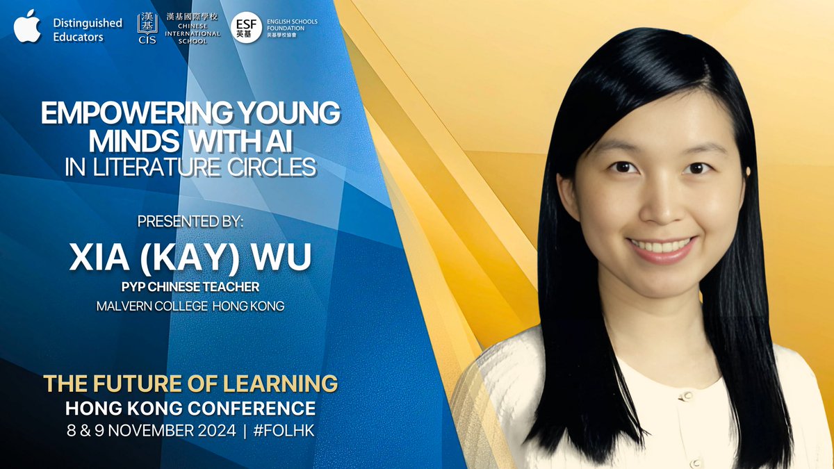We are thrilled to have Kay Wu joining us to present on Empowering Young Minds With AI! 🤖👦🏼🧒🏻👦🏽🧠

Make sure to follow <a href="/FutureLearnHK/">Future Of Learning, 🇭🇰HK Conference</a> for all conference updates! And don’t forget, it’s completely FREE to register to attend!

👉 tinyurl.com/FOLhongkong 👈

#AppleEDUchat #ADE2024