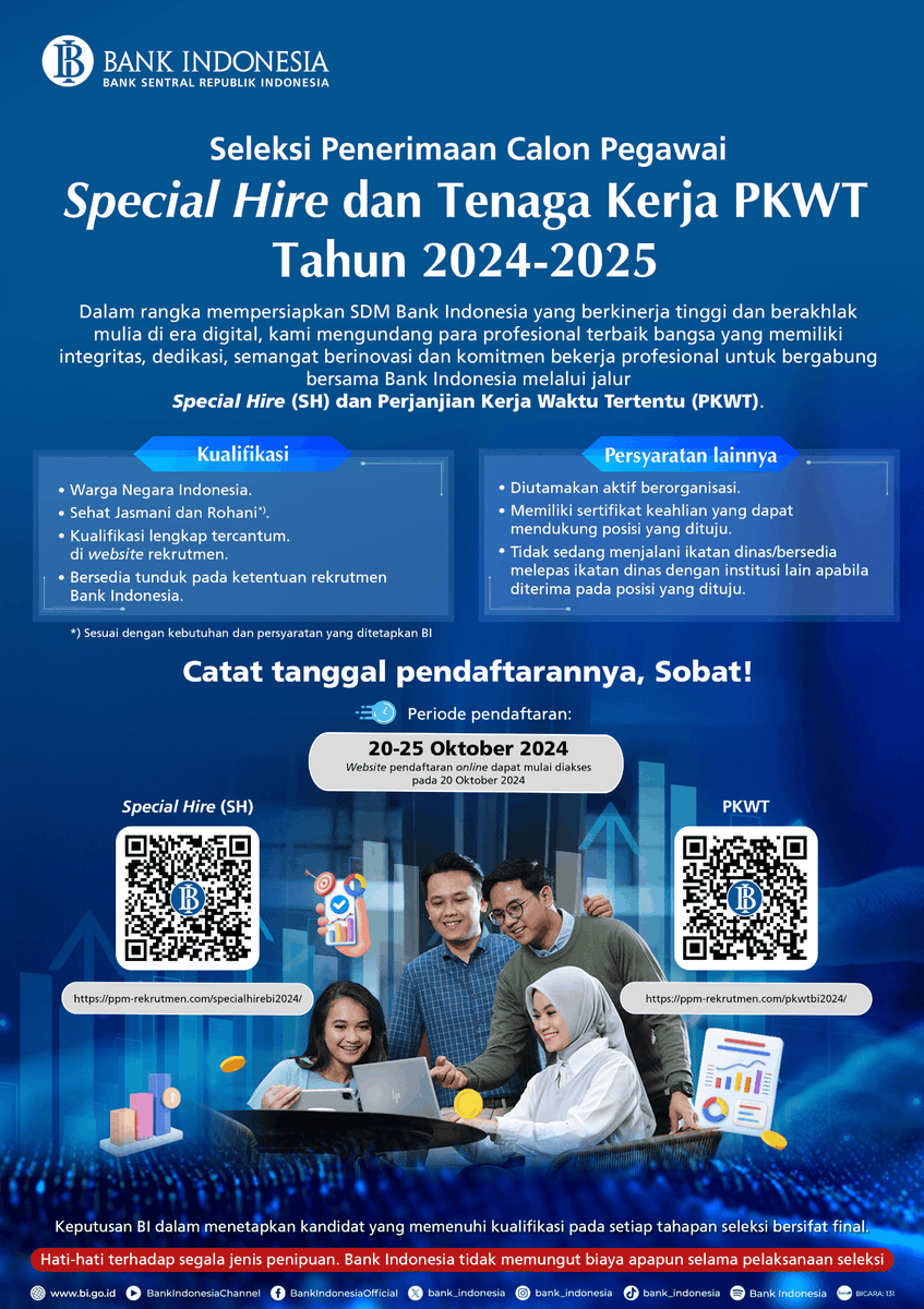 tigorsiagian's tweet photo. Guys, penerimaan calon pegawai di BI nih. 

Masa Pendaftaran 20 - 25 Oktober 2024

Termasuk special hire dengan lowongan untuk Pengelola Portofolio Yunior setingkat Asisten Manajer.

Eh, siapa tau bisa kerja bareng mengelola portofolio cadangan devisa.

Yuk, gasken.