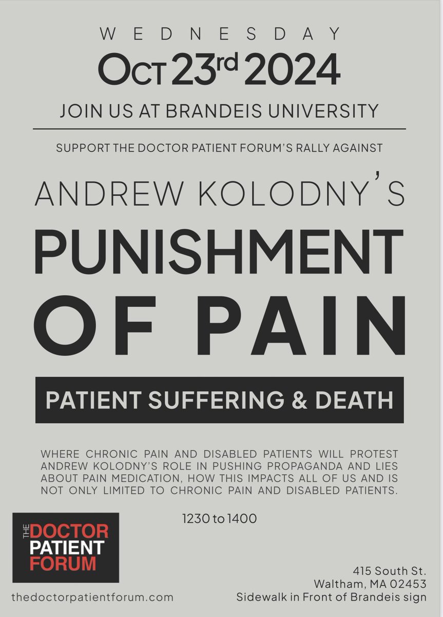 CMerandi's tweet photo. Millions of Americans continue to suffer after being cut off their long-term opioids

Many have died by suicide.

Andrew Kolodny of Brandeis University spearheaded the pain patient death movement

We protest outside his office Wednesday 10/23/24 12:30 https://t.co/1REY35eqRb