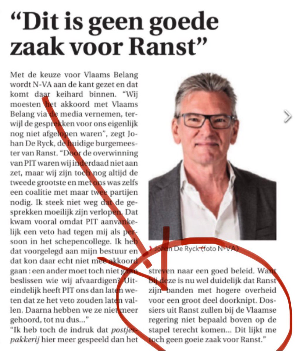 FDW_VB's tweet image. Nu het cordon sanitaire doorbroken wordt in #Ranst dreigt en chanteert oud @de_NVA-burgermeester Johan De Ryck al onmiddellijk: ‘Dossiers van Ranst zullen bij de Vlaamse regering niet onmiddellijk bovenaan de stapel terechtkomen…’ Na het cordon begint nu het chantagebeleid v/d