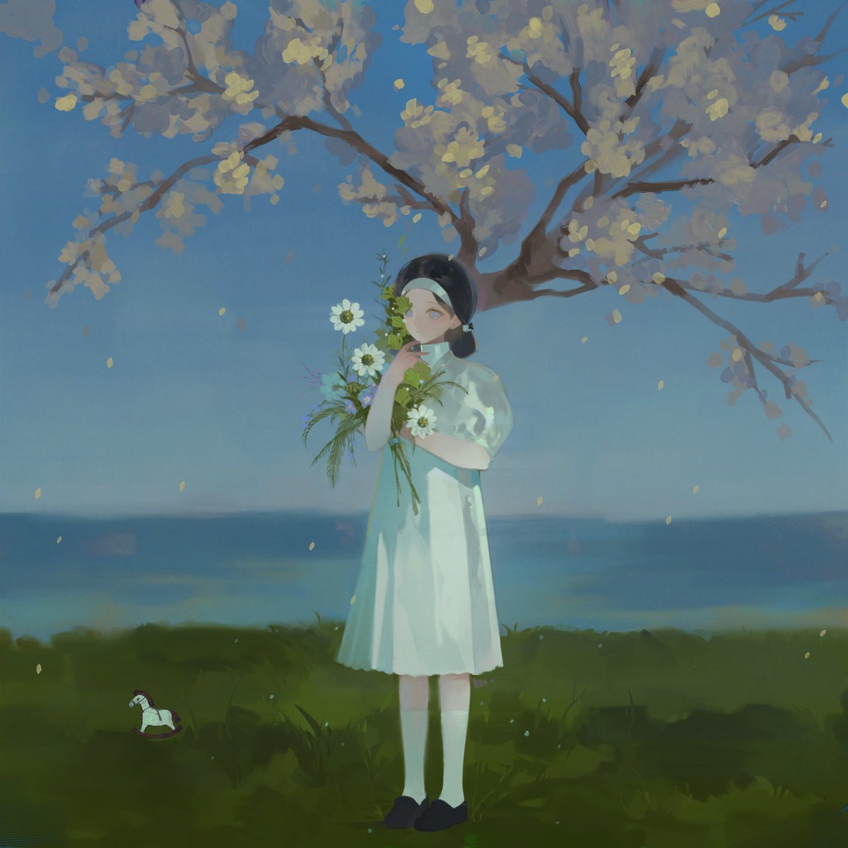 像站在老旧照相馆的背景布前