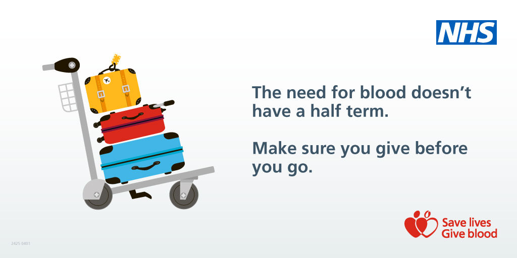 The need for blood doesn't take a half term. 

October half term is just around the corner. Are you heading off on holiday? 

Make sure you book your appointment before you go ➡️ orlo.uk/h6M9M

#GiveBlood