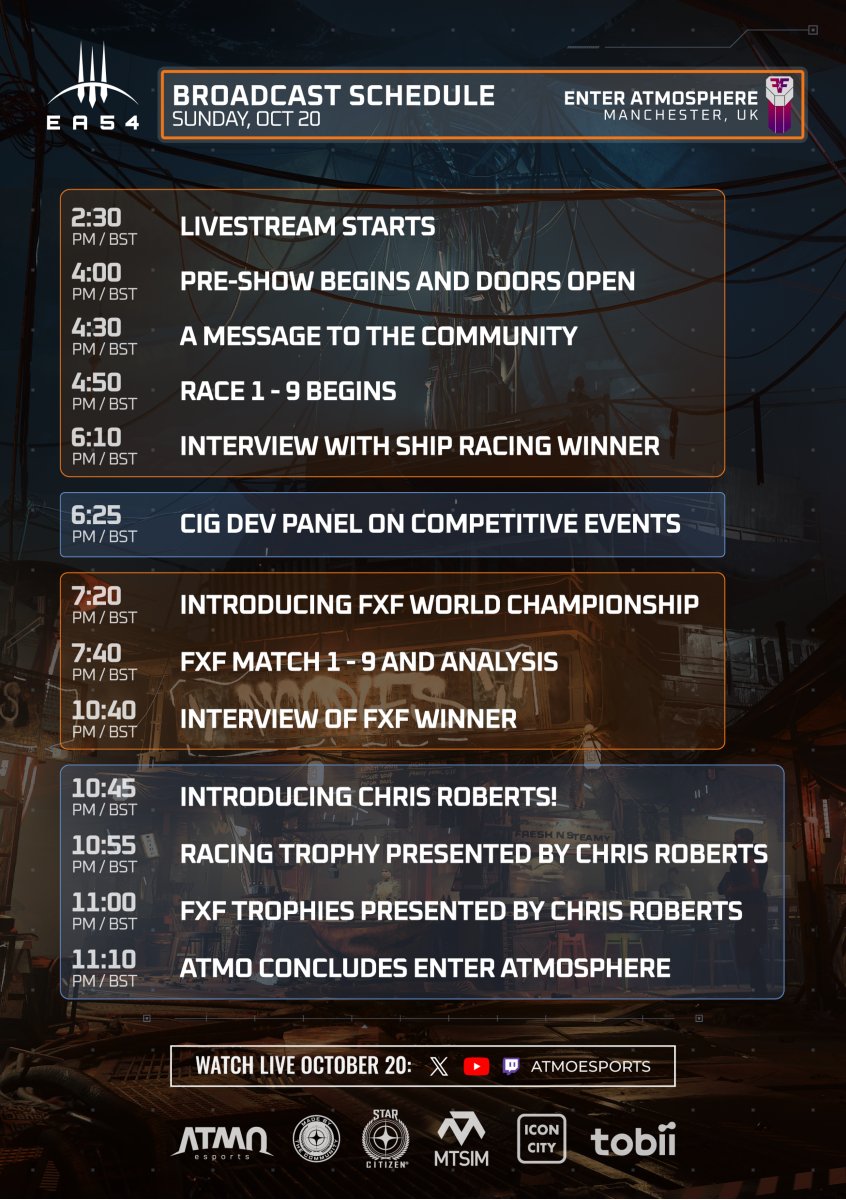 ATMOesports's tweet photo. Here is our official #EnterATMOSPHERE schedule live from Manchester, UK Aviva Studios, Home of @factoryintl!

See you soon Citizens! #CitizenCon2954 https://t.co/fFYCDxdTZx