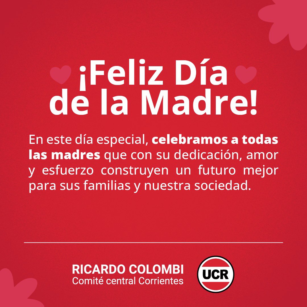 🌸 ¡Feliz Día de la Madre! 🌸 Desde el Comité Central Corrientes de la UCR, encabezado por Ricardo Colombi, celebramos a las madres que nos inspiran cada día. ❤️

#FelizDíaDeLaMadre #UCR #RicardoColombi #Corrientes