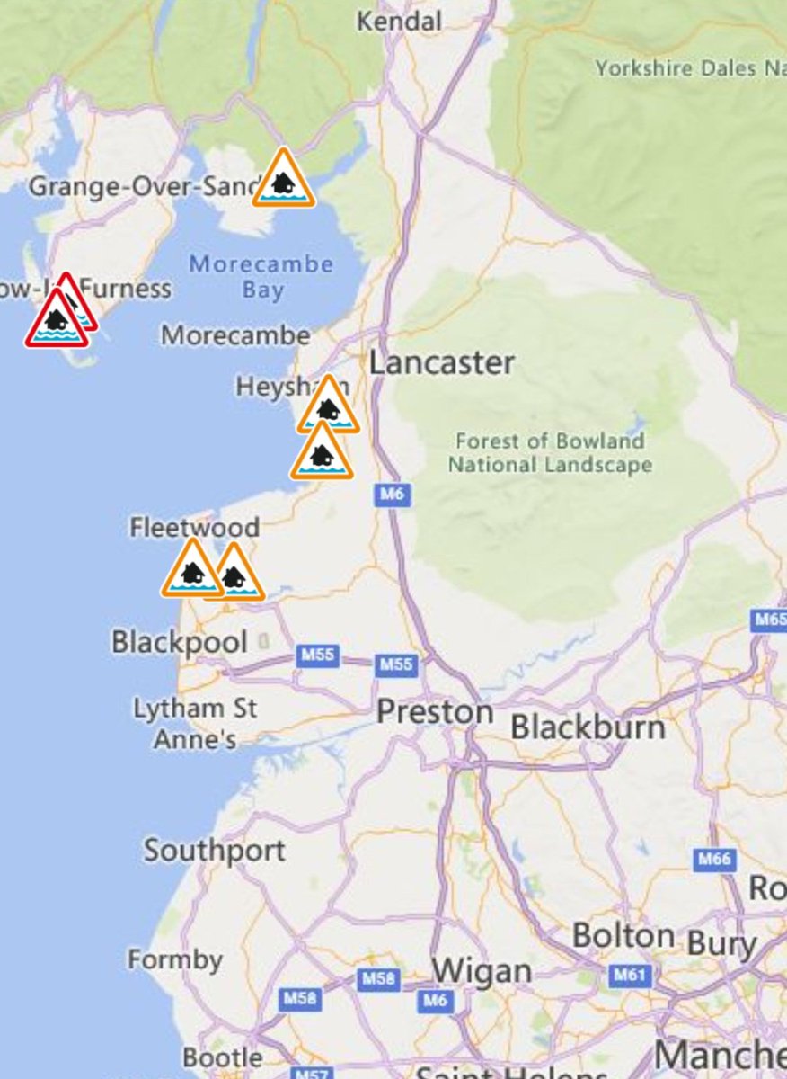 ⚠️ Five flood alerts are in place in coastal parts of the region.
A <a href="/metoffice/">Met Office</a> weather warning for strong wind is also in place until midnight.
Follow <a href="/TheFloodHub/">The Flood Hub</a> and sign up for <a href="/EnvAgencyNW/">Env Agency NW</a> flood alerts.
For advice if you're affected, visit lancashire.gov.uk/flooding/