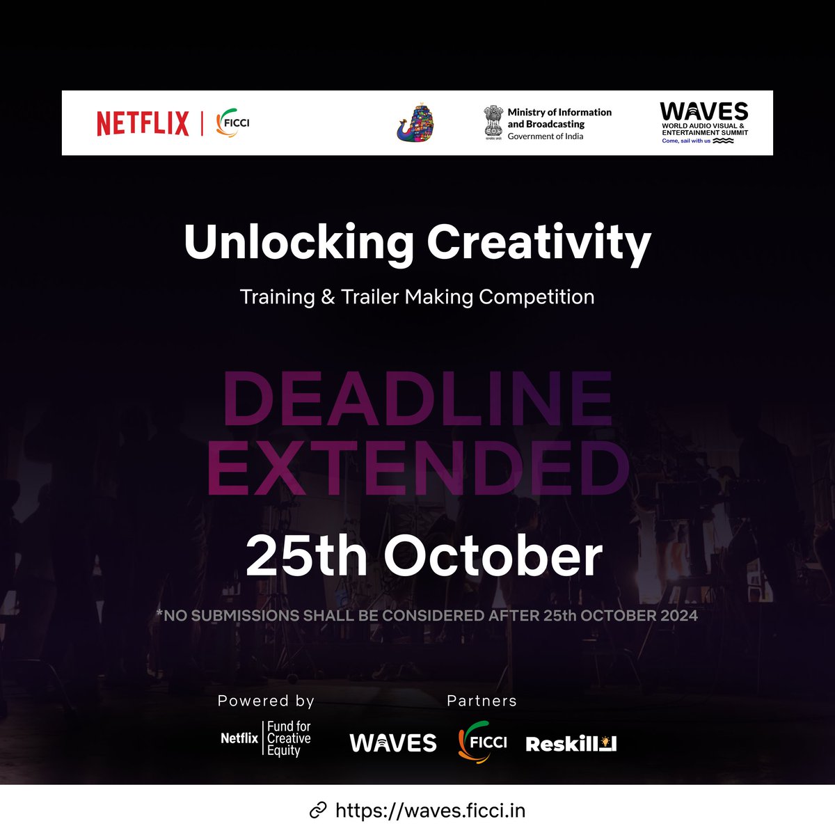 Reskilll's tweet photo. 🎉Because of high interest we’ve extended the deadline for the Trailer Making Competition by FICCI and Netflix!🎬
✨You’ve got more time to register!
👉Sign up at https://t.co/nJ7PyCG4oA
#TrailerMaking #FICCI #Netflix #ExtendedDeadline #PopularDemand #UnlockYourCreativity https://t.co/bGodj0KmRk