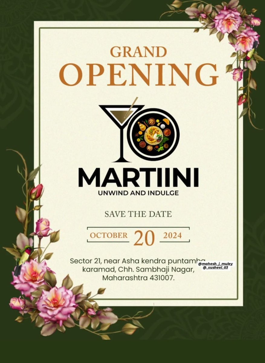 The_CSN_Index's tweet photo. 2. A new #pub (mostly) or #lounge/#restro-#bar coming up in the outskirts of the city, Martiini Unwind and Indulge (launch: 20 Oct'24). Address: Sector 21, Karmad, Jalna road
A new thread on good #cafe #coworking #restaurant #lounge #pubs #bars in #Chhatrapati_Sambhajinagar https://t.co/vkThKhPeKa