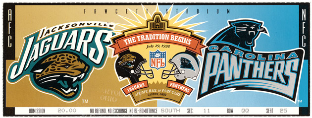 PFHOFAmbassador's tweet image. Who's going to the Wembley game today ? This is a ticket from the first ever @Jaguars game - the 1995 @ProFootballHOF Game, against the @Panthers - also their first ever game too! #DUUUVAL #NFLLondonGames #NFL #NFLUK