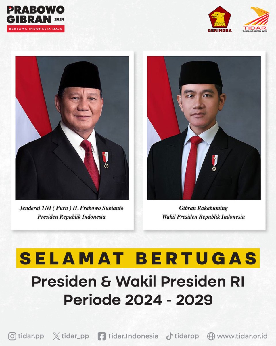 tidar_pp's tweet photo. Selamat bertugas Presiden RI @prabowo & Wakil Presiden @gibran_tweet , semoga Tuhan selalu melindungi setiap langkah untuk Indonesia Raya
#prabowo #prabowogibran #gerindra #tidar
#tunasindonesiaraya https://t.co/Jl7yS51itV